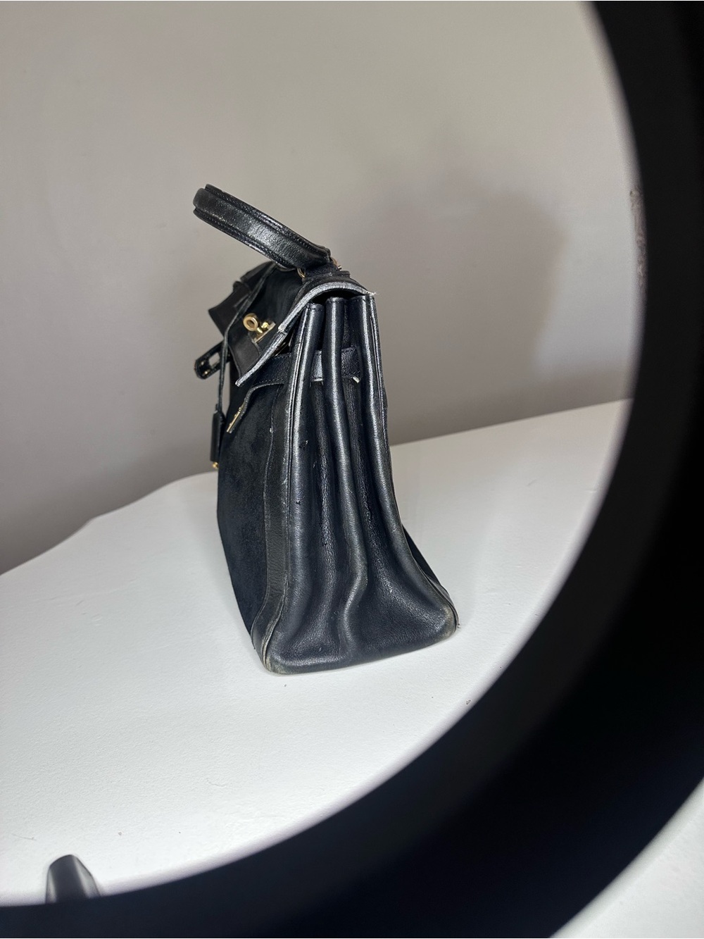 VTG Saks Fifth Avenue Paris Black Leather & Suede Kelly Bag Gold Hardware France - Picture 3 of 15